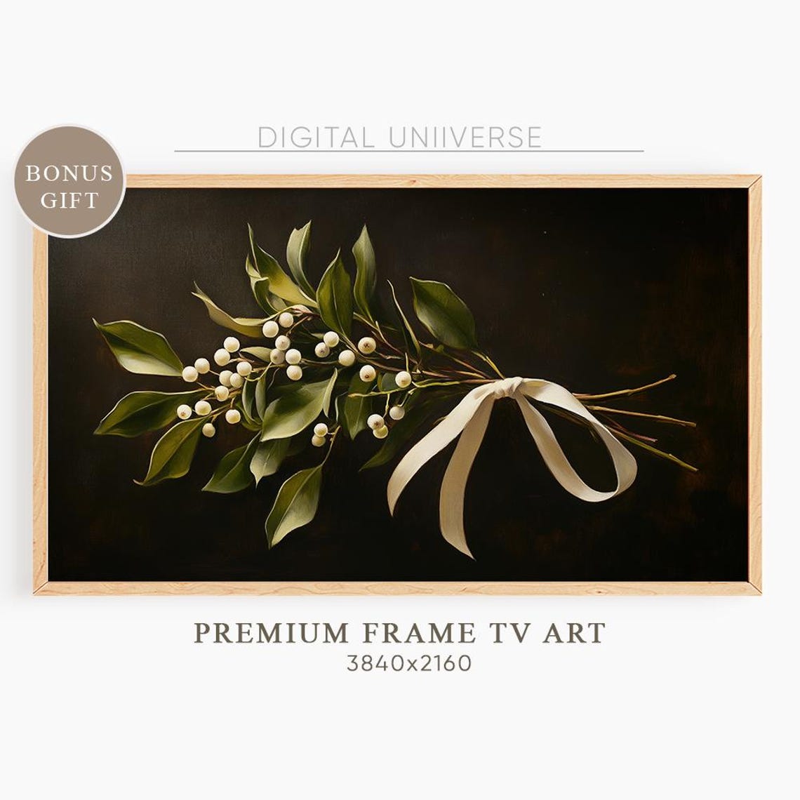 Mistletoe with White Berries and Satin Bow Vintage Christmas Wall Art