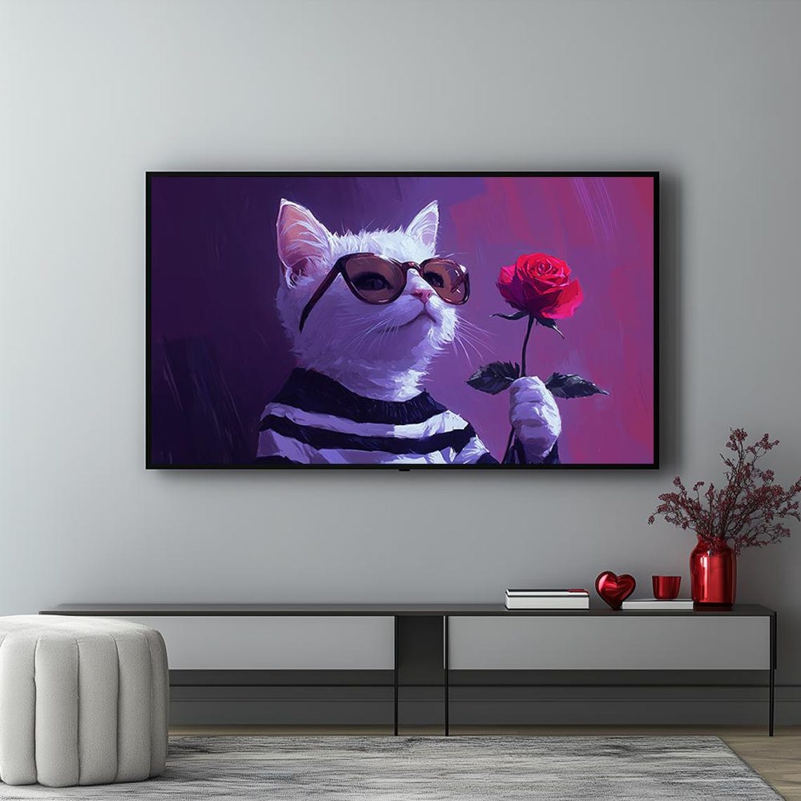 Cool White Cat with Sunglasses Holding Red Rose Valentine Poster - Image 5
