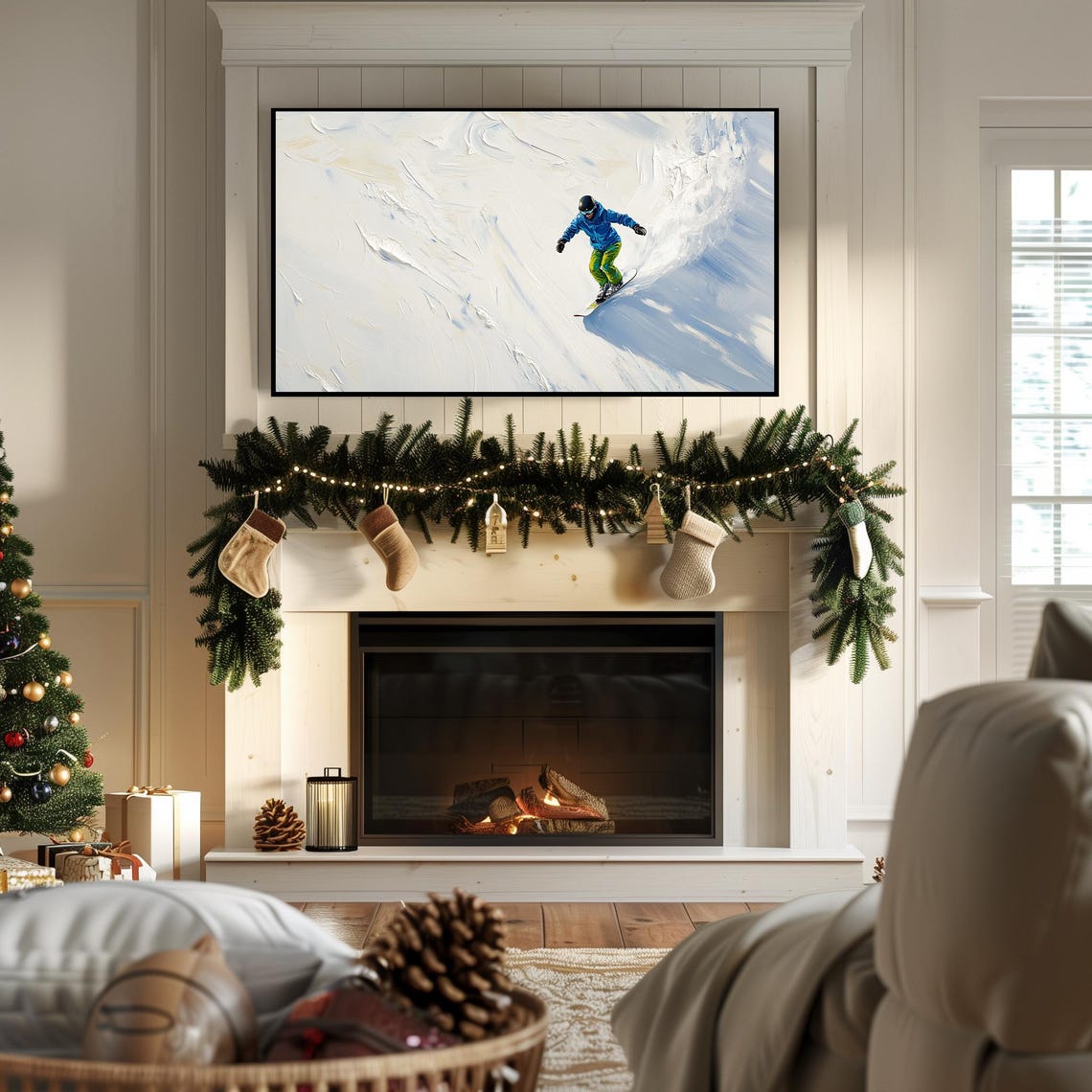Frame Tv Art Oil Painting Winter Frame Tv Art Colorful Christmas Tv Art Ski Snow Painting For Tv A Snowboarder In A Blue Jacket - Image 7