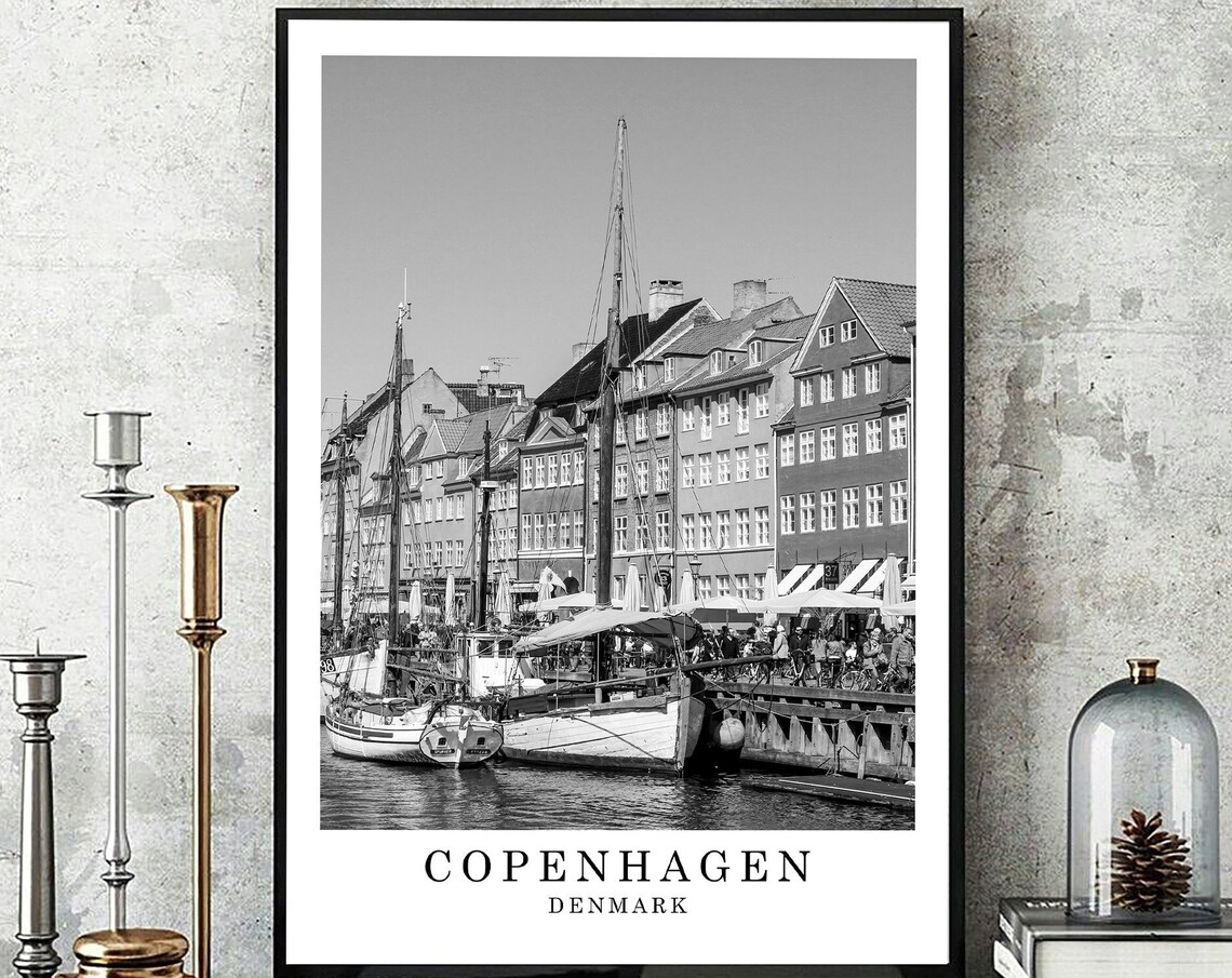 Copenhagen Denmark Nyhavn Harbor Black And White Travel Poster