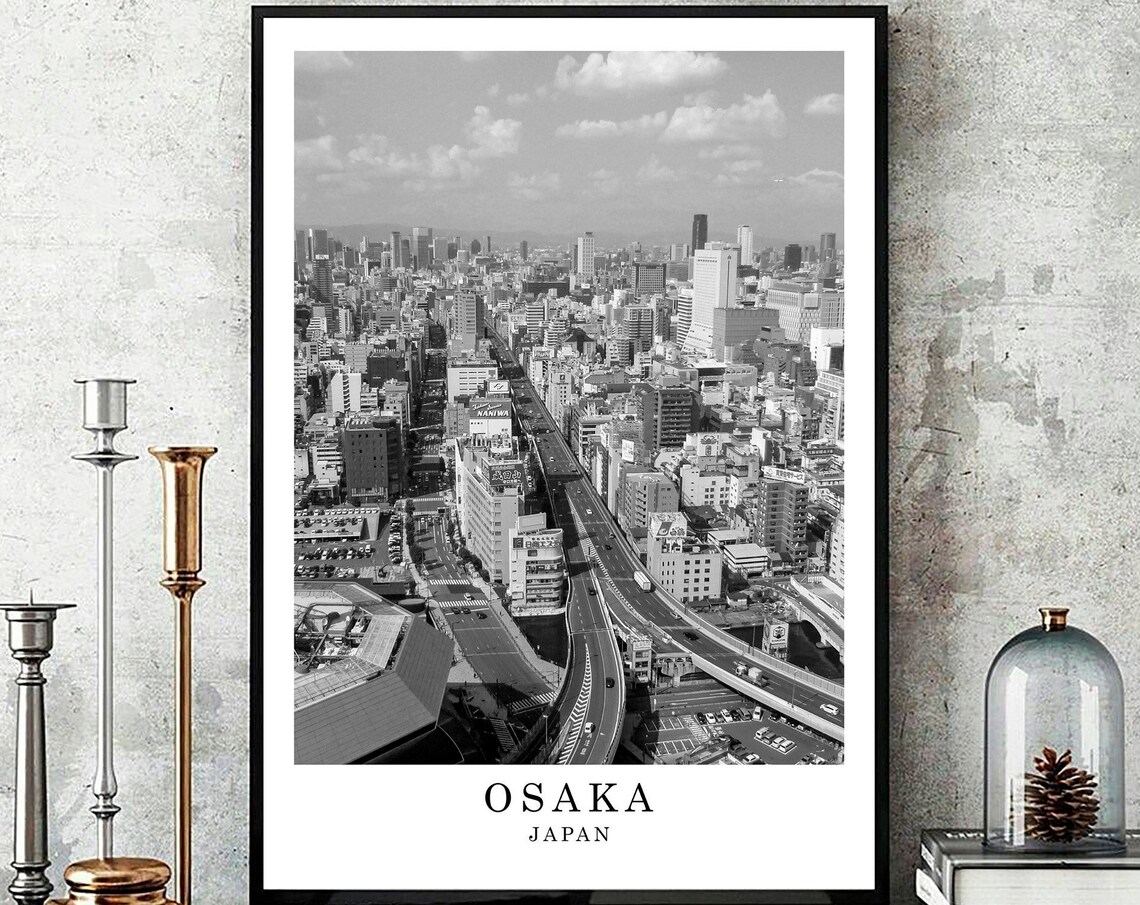 Osaka Japan Cityscape Aerial Downtown Black White Photo Poster