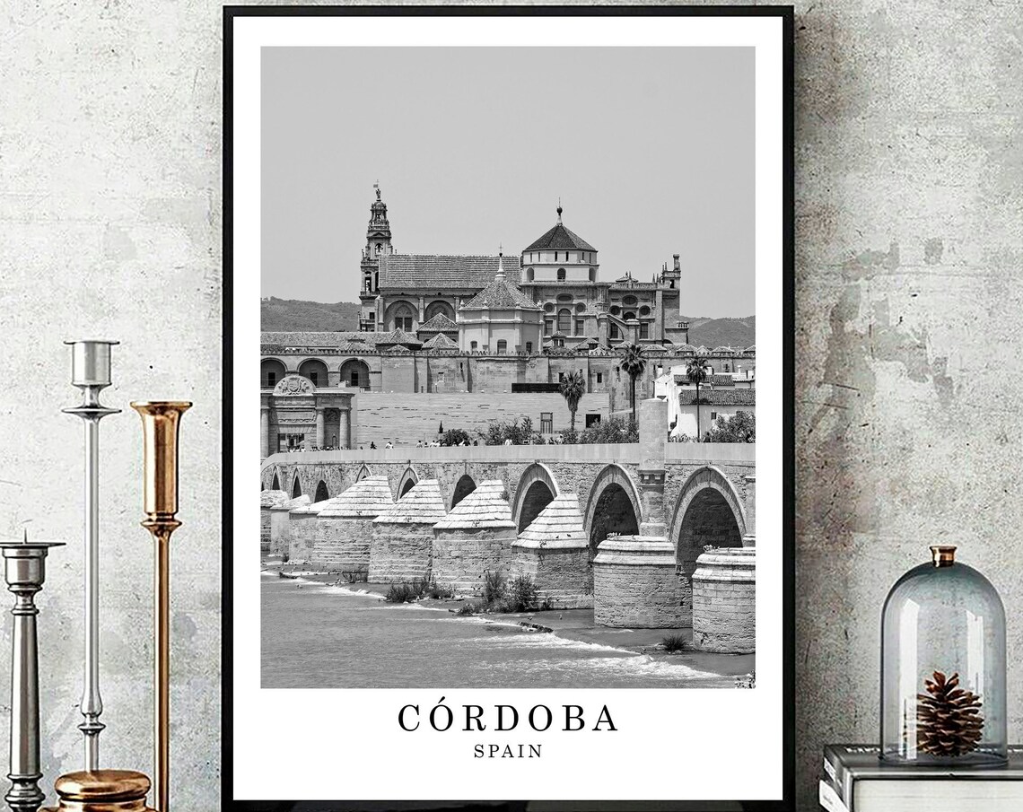 Cordoba Spain Mezquita Roman Bridge Black And White Travel Poster
