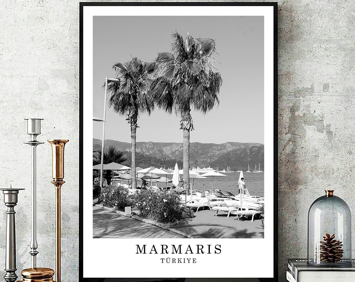 Marmaris Turkiye Palm Beach Resort Black and White Photo Travel Poster