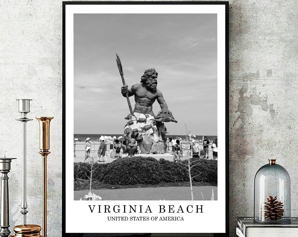 Virginia Beach Neptune Statue Boardwalk Black White Photo Poster