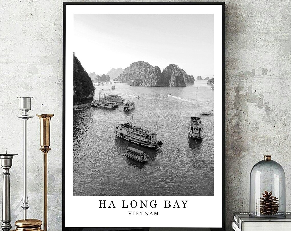 Ha Long Bay Vietnam Boats Black And White Minimalist Travel Poster
