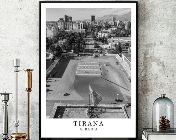 Tirana Albania Travel Print Black And White Photo City Landmark Wall Art Decor Poster Gift