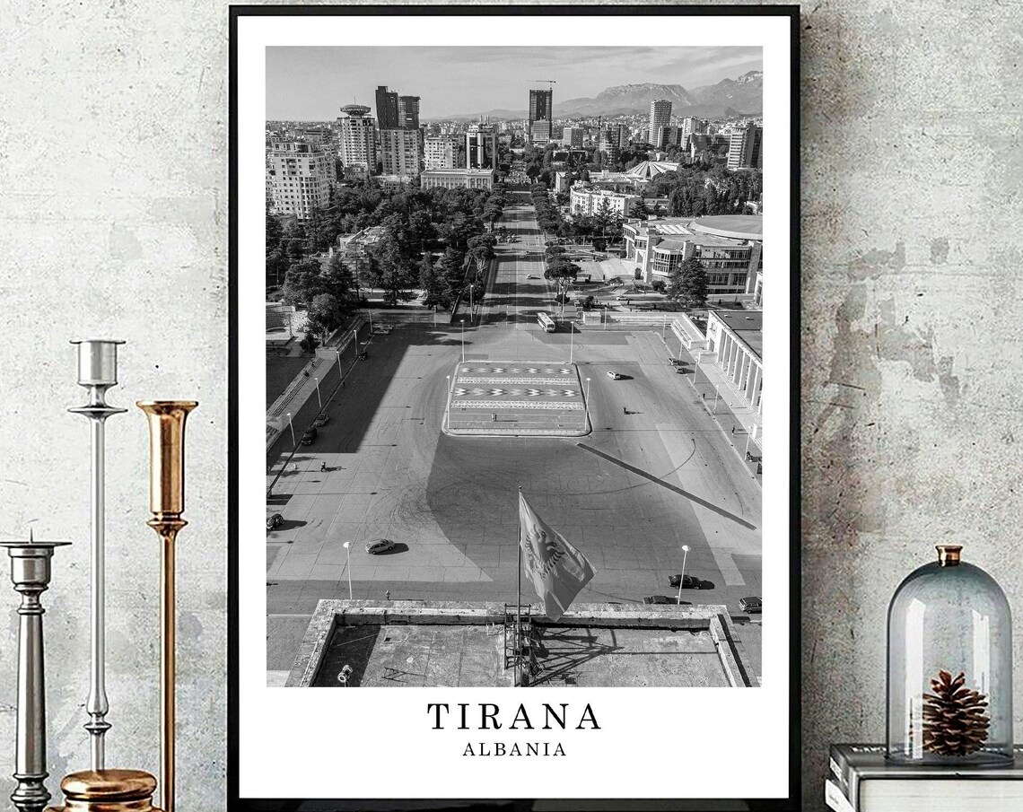 Tirana Albania City Square Aerial View Black and White Travel Poster