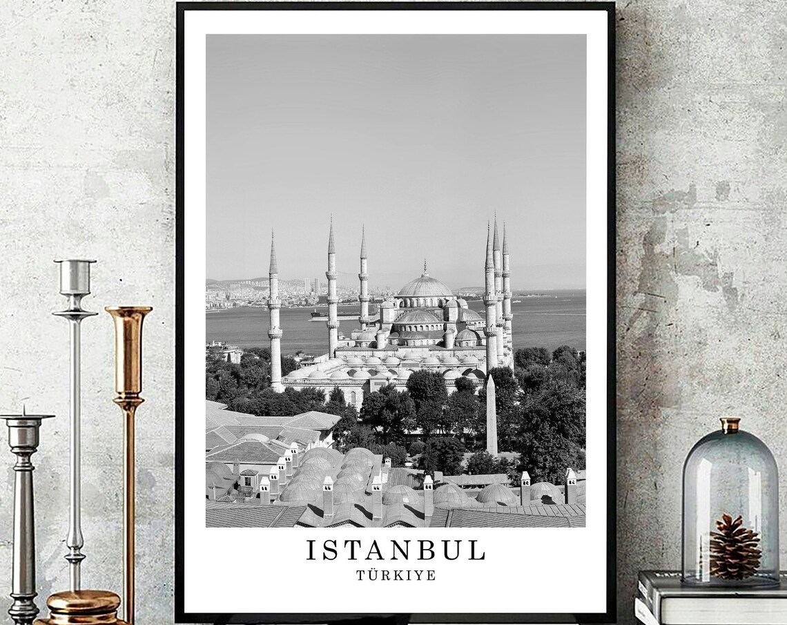 Istanbul Turkey Blue Mosque Black And White Minimalist Travel Poster