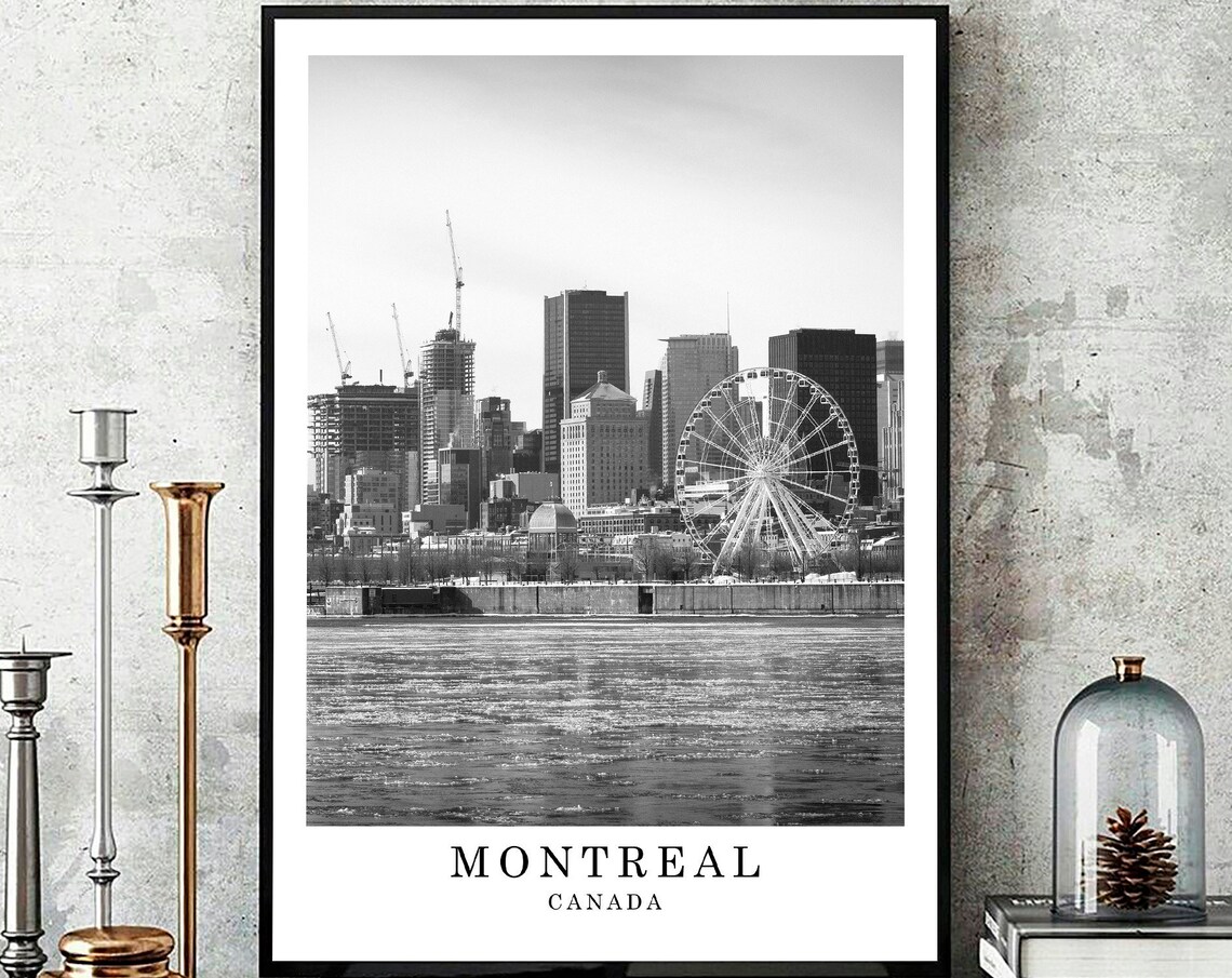 Montreal Canada Skyline and Ferris Wheel Black and White Travel Poster