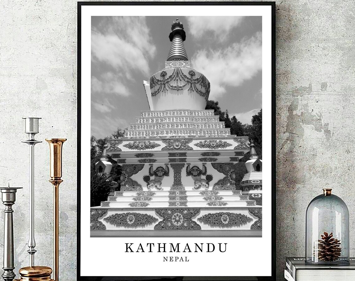 Kathmandu Nepal Buddhist Stupa Black And White Travel Poster