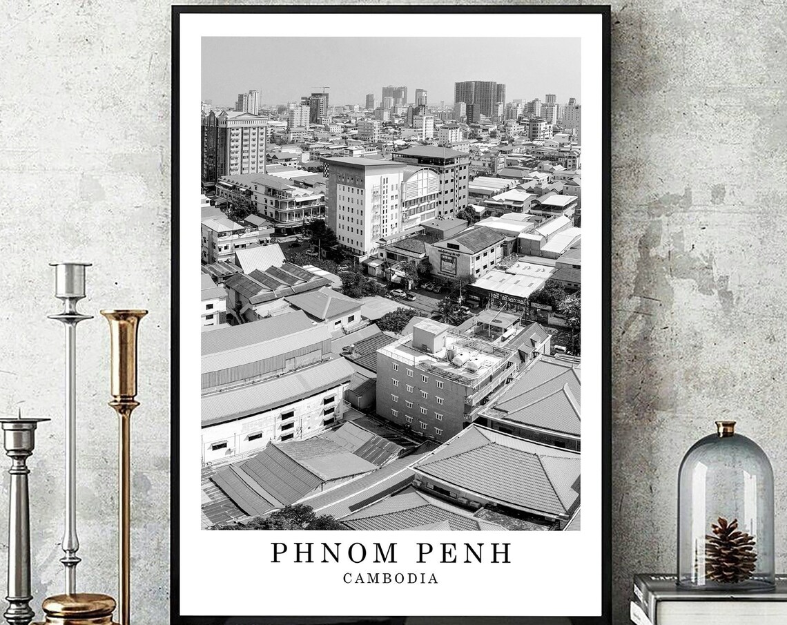 Phnom Penh Cambodia City Aerial Black And White Travel Poster