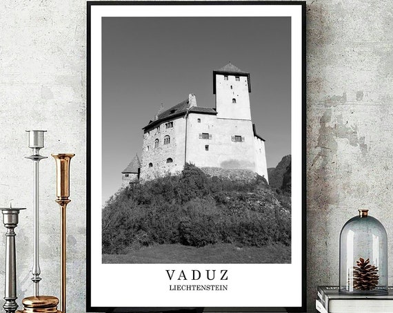 Vaduz Liechtenstein Travel Print Black And White Photo Burg Gutenberg Castle City Landmark Gift Poster