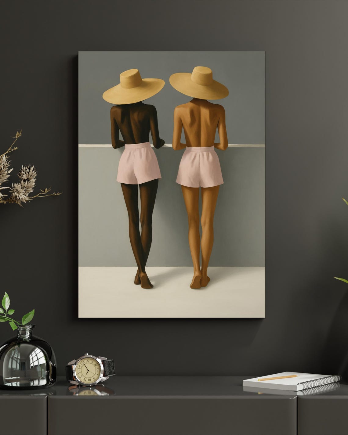 Two Women Sun Hats Back View Minimalist Summer Print Decor Art