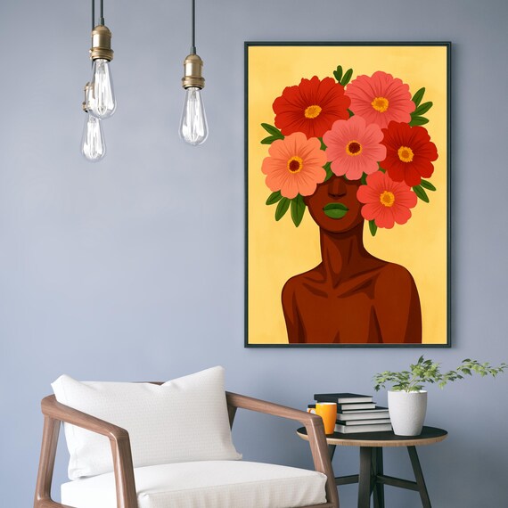 Afro Woman Flower Wall Art Print Bold Melanin Illustration Poster Floral Minimalist Black Girl Modern Boho Decor