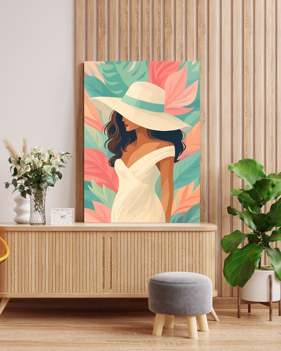 Elegant Woman In Summer Hat Wall Art Tropical Background Fashion Illustration For Feminine Home Decor