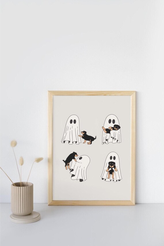 Cute Ghost Sheets and Black Puppy Halloween Spooky Art Poster