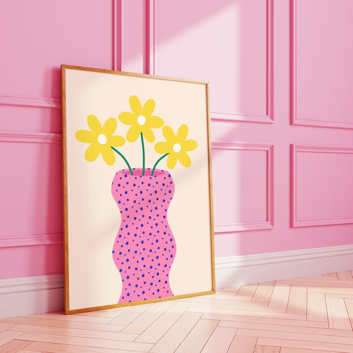 Yellow Daisies in a Pink Polka Dot Vase Funky Retro Floral Poster
