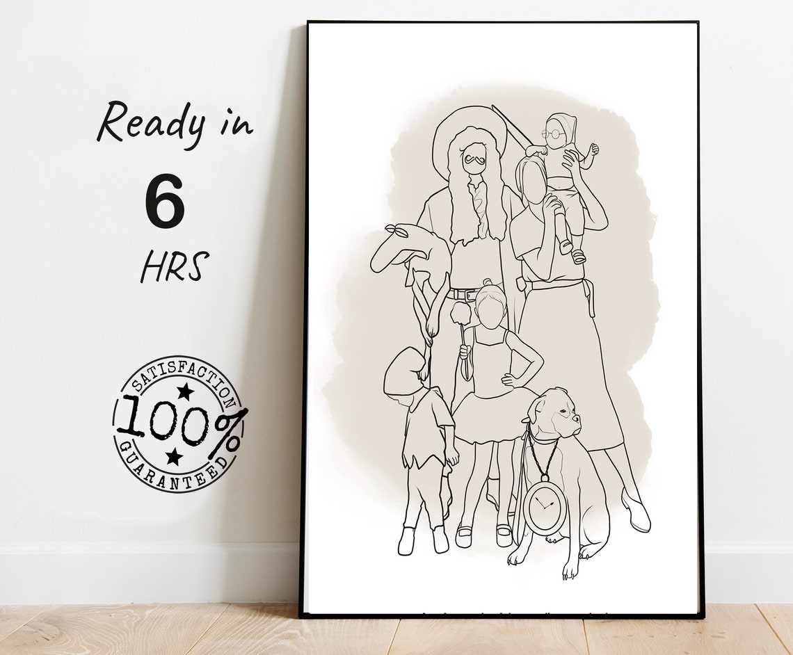 Custom Family Line Drawing With Children and Their Dog Poster