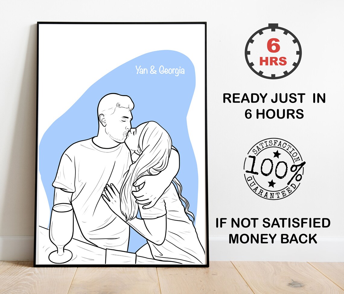 Couple Kissing Line Art With Blue Abstract Background Poster