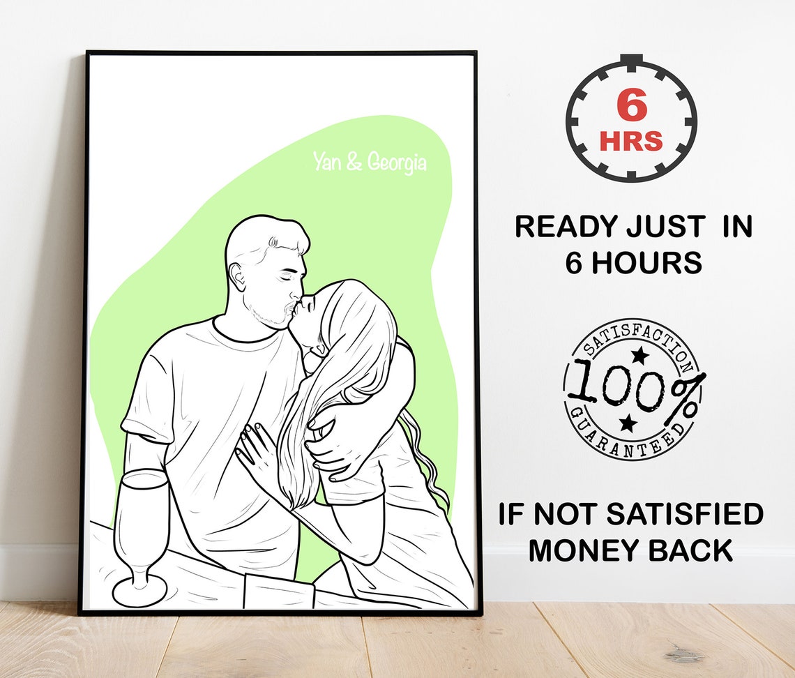 Couple Kissing Line Art With Green Abstract Background Poster
