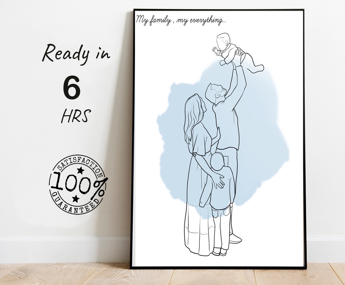 Faceless Family of Four Line Art Portrait My Family Quote Poster