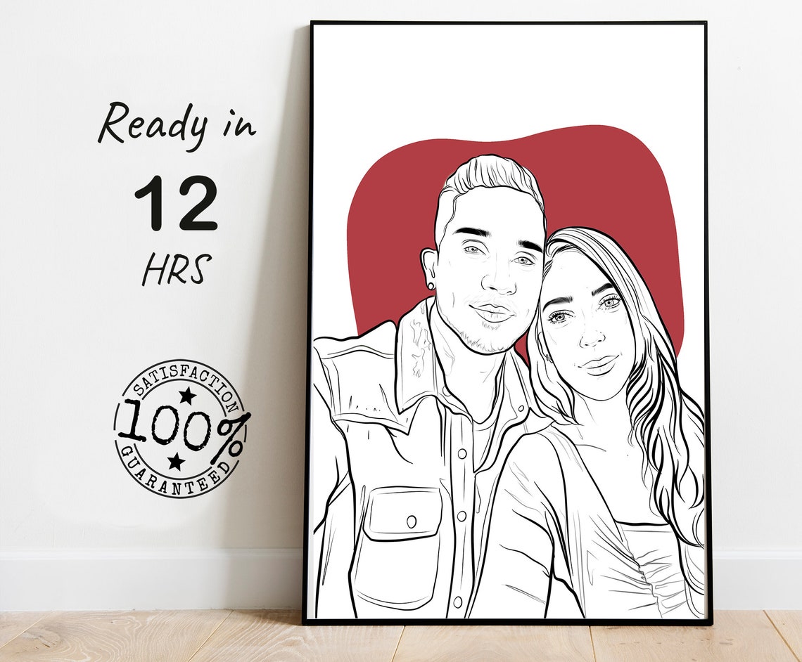 Couple Line Art Portrait Illustration In Red Abstract Style Poster