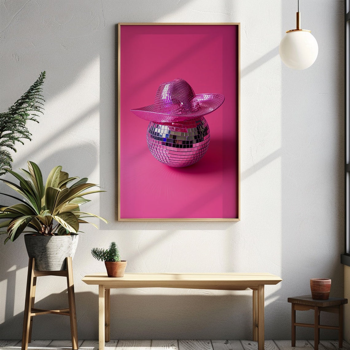 Pink Cowgirl Hat Disco Ball Poster Country Western Aesthetic Western Wall Art Print Cowgirl Print Vintage Retro Art Pink Aesthetic - Image 2