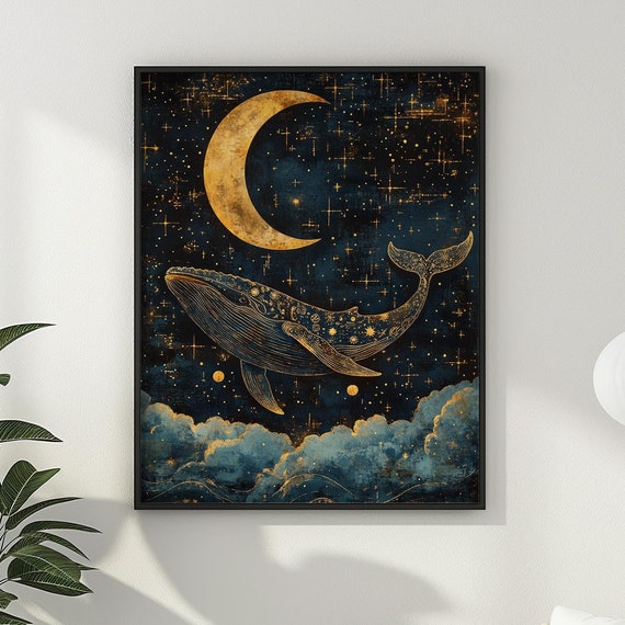 Whale Art Deco Wall Art Celestial Enchanting Wall Decor Crescent Moon Oil Painting Ocean Whale Lover Gift Poster