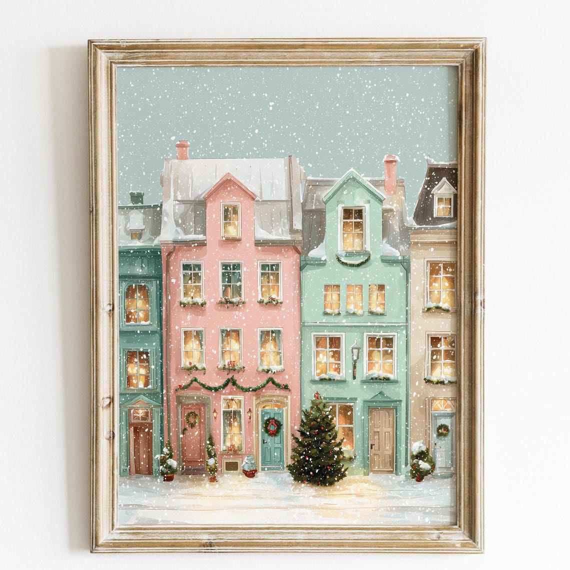 Pastel European Townhouses In Winter Print Cozy Christmas Wall Art Watercolor Scandinavian Village Decor Snowy Street Illustration