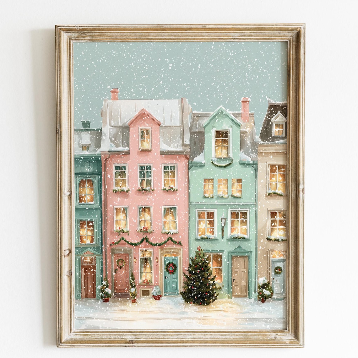 Pastel European Townhouses Snowy Winter Street Christmas Art Poster