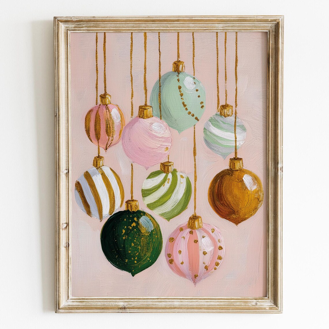 Pastel Christmas Baubles Hanging Ornaments Pink Gold Holiday Poster