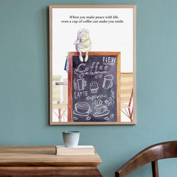 Make Peace With Lifefunbean Motivational Quote Wall Artdigital Poster Minimalist Hand Drawnfunnywarmhealingoffice