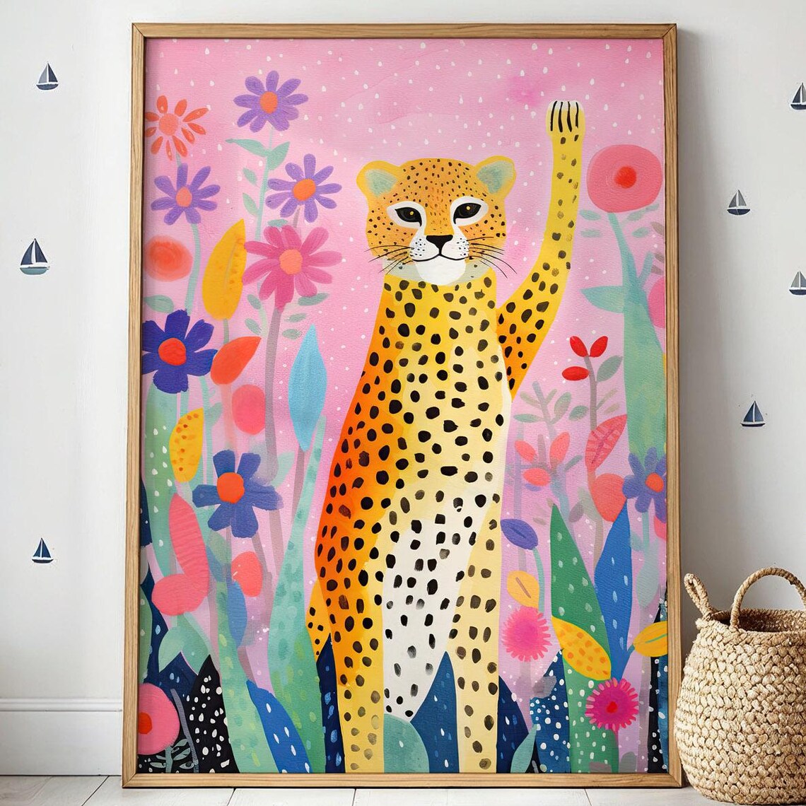 Cheerful Waving Leopard Among Colorful Flowers Kids Nursery Poster