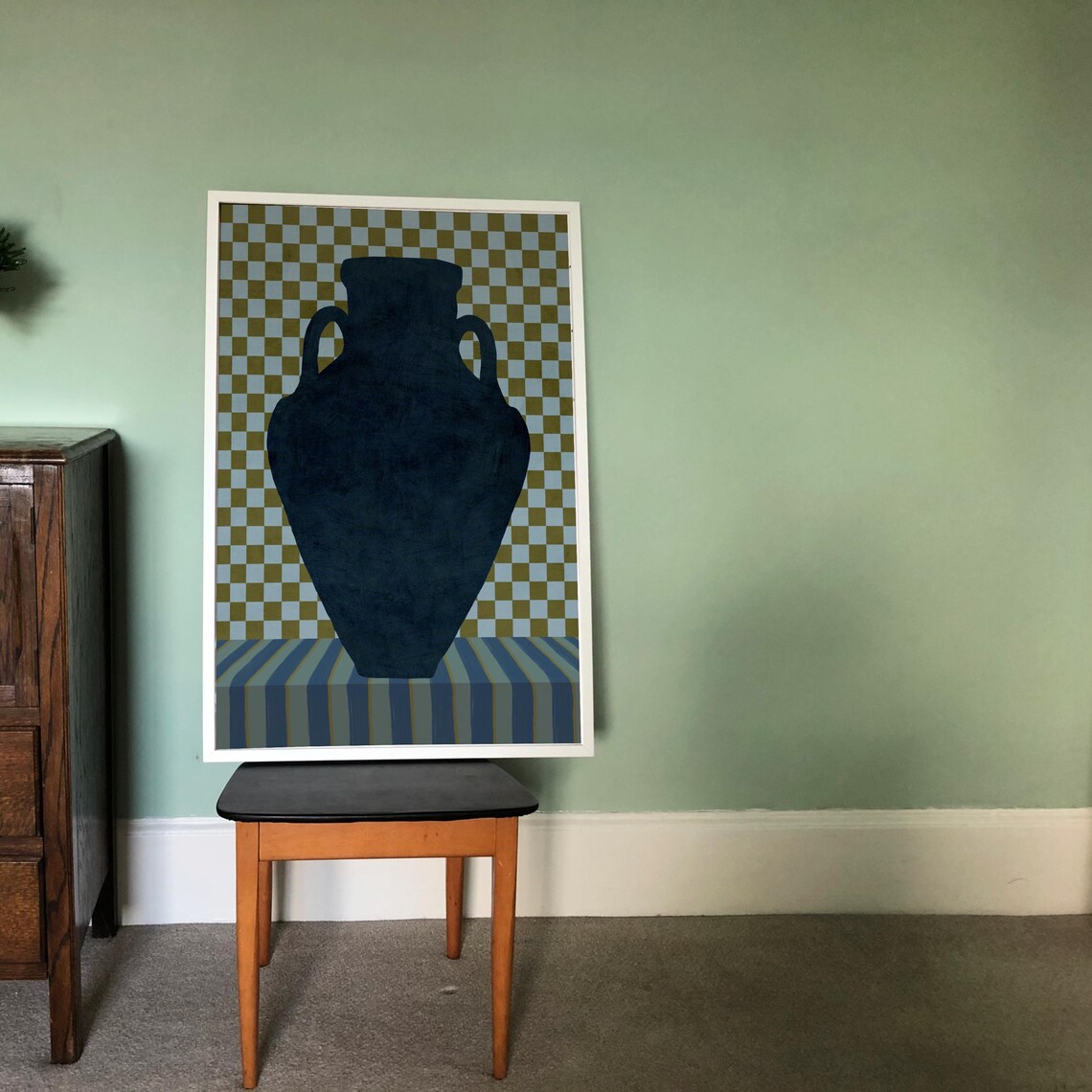 Still Life Vase Art Print, Scandi Boho Checkered Decor - Image 2