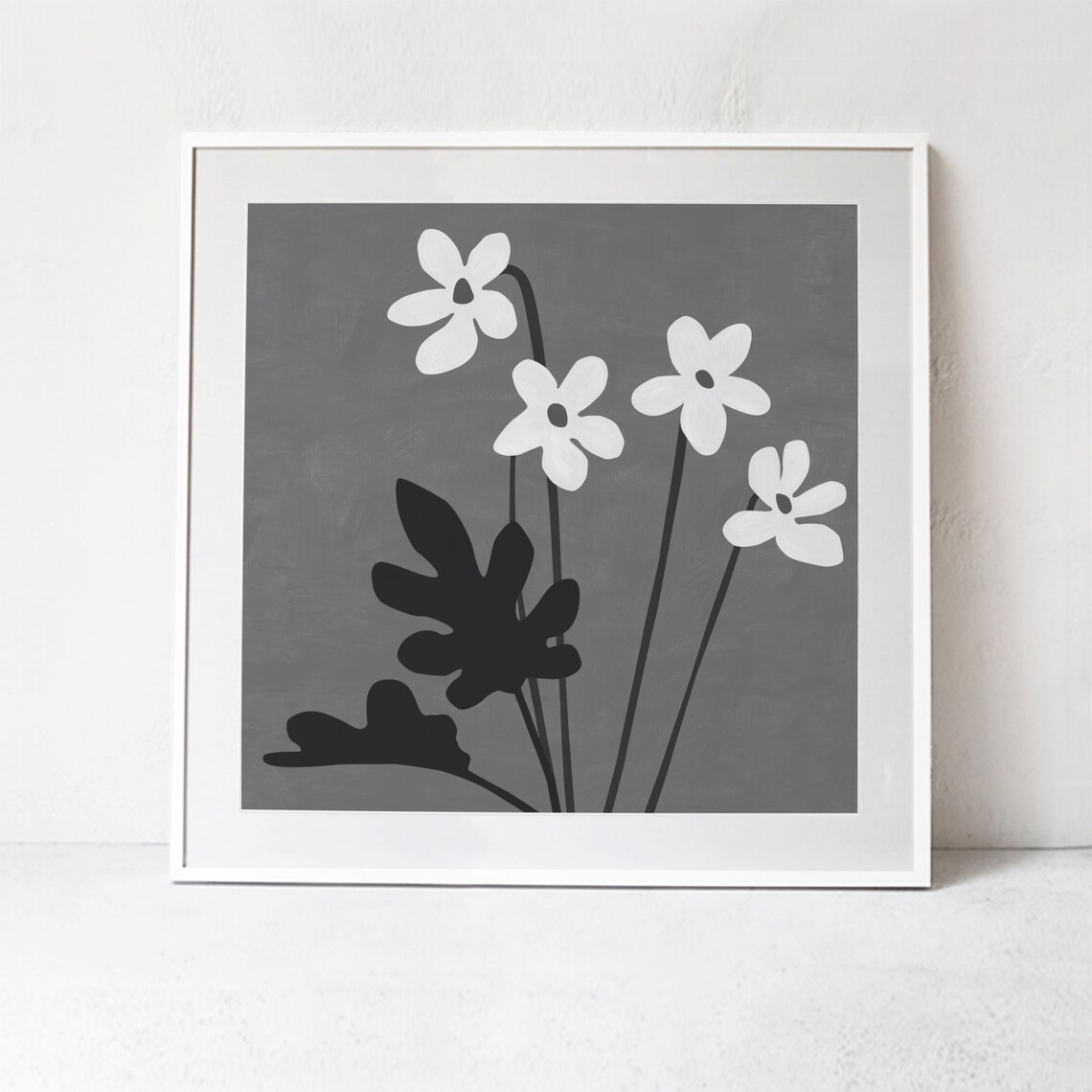 Boho Floral Art Print, Black and White Square - Image 2