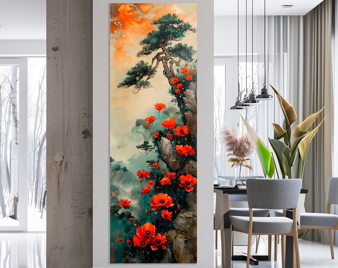 Poppy Flower Vertical Wall Art Print, Asian Decor