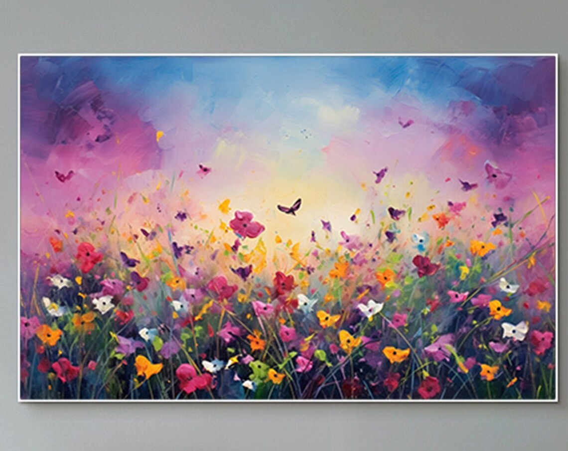 Wildflower Meadow Sunset Butterfly Rainbow Floral Field Poster