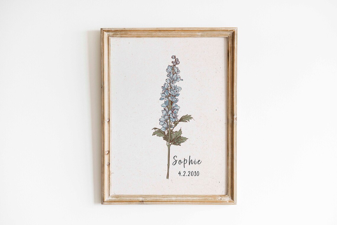 Custom Birth Flower Name Antique Watercolor Flower Art Print - Image 2