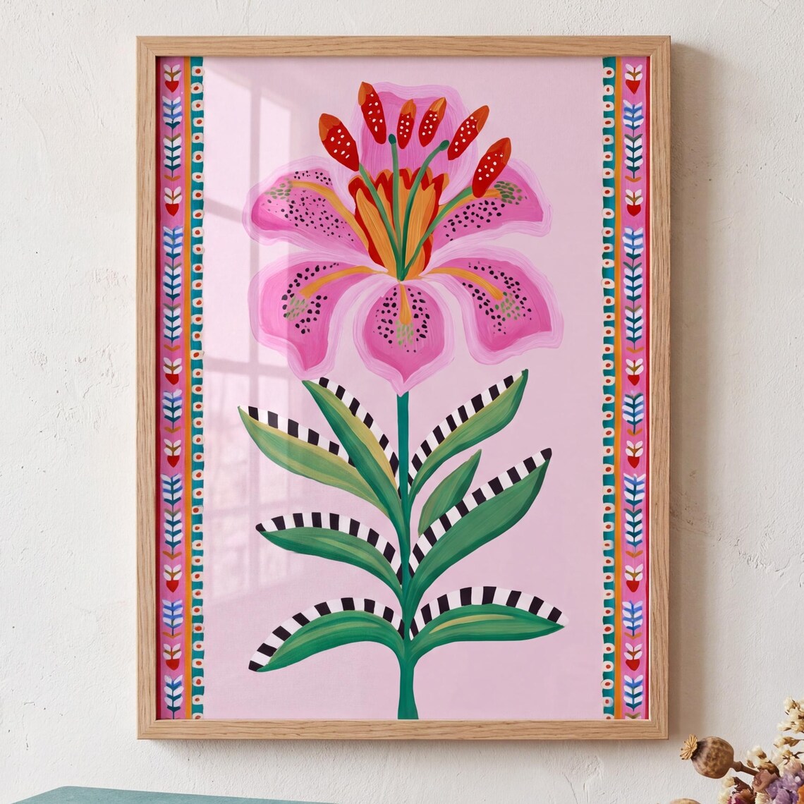 Bold Lily Folk Art Floral Print, Maximalist Decor