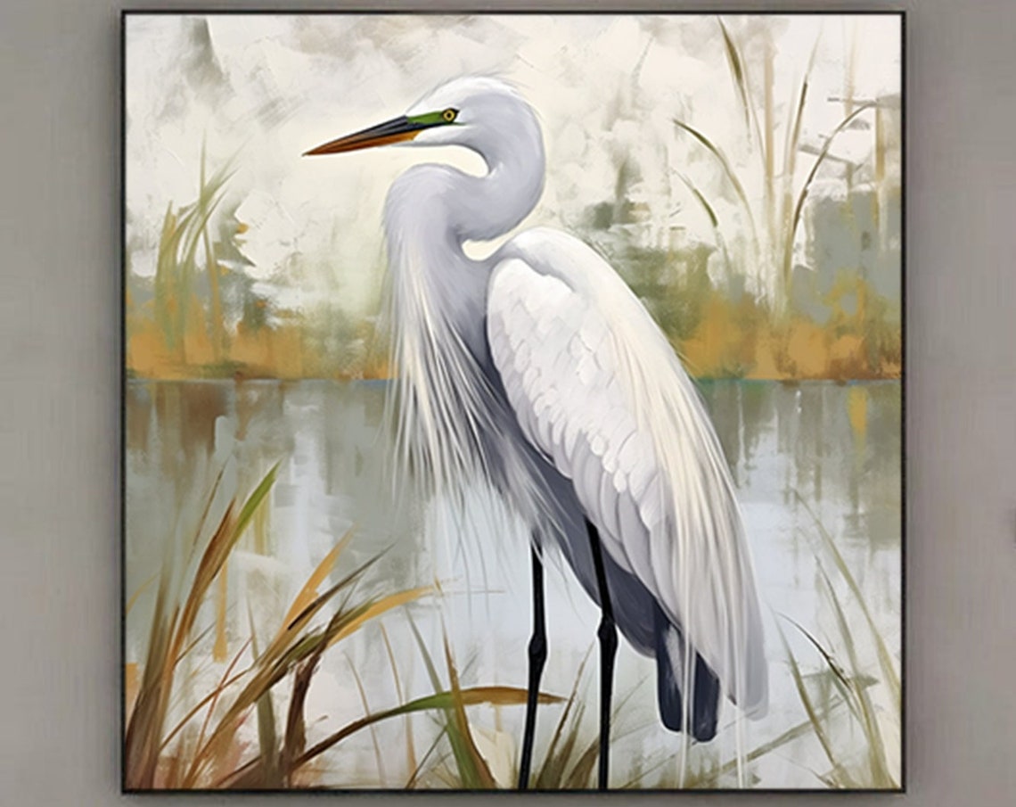 Elegant White Heron Wading In Soft Neutral Marsh Water Poster