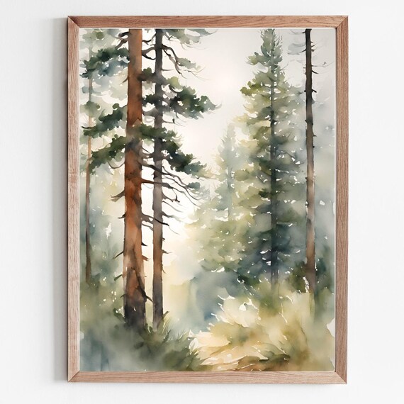 Tall Pine Forest Watercolor Misty Woodland Serene Nature Poster