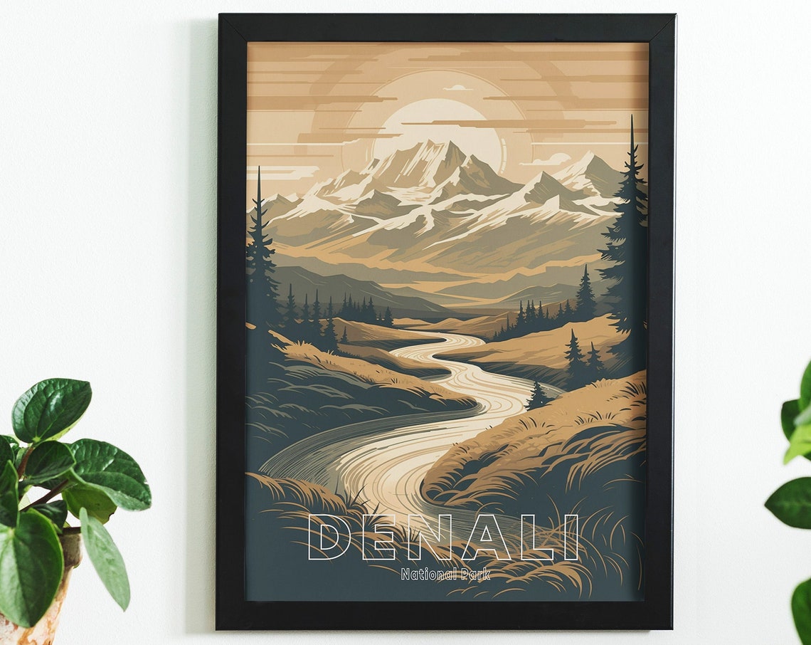 Denali National Park Alaska Snowy Mountain Peaks Retro Travel Poster