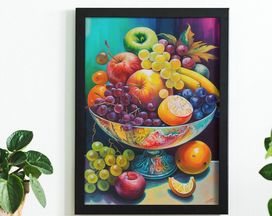 Overflowing Colorful Fruit Bowl Still Life Kitchen Decor Print