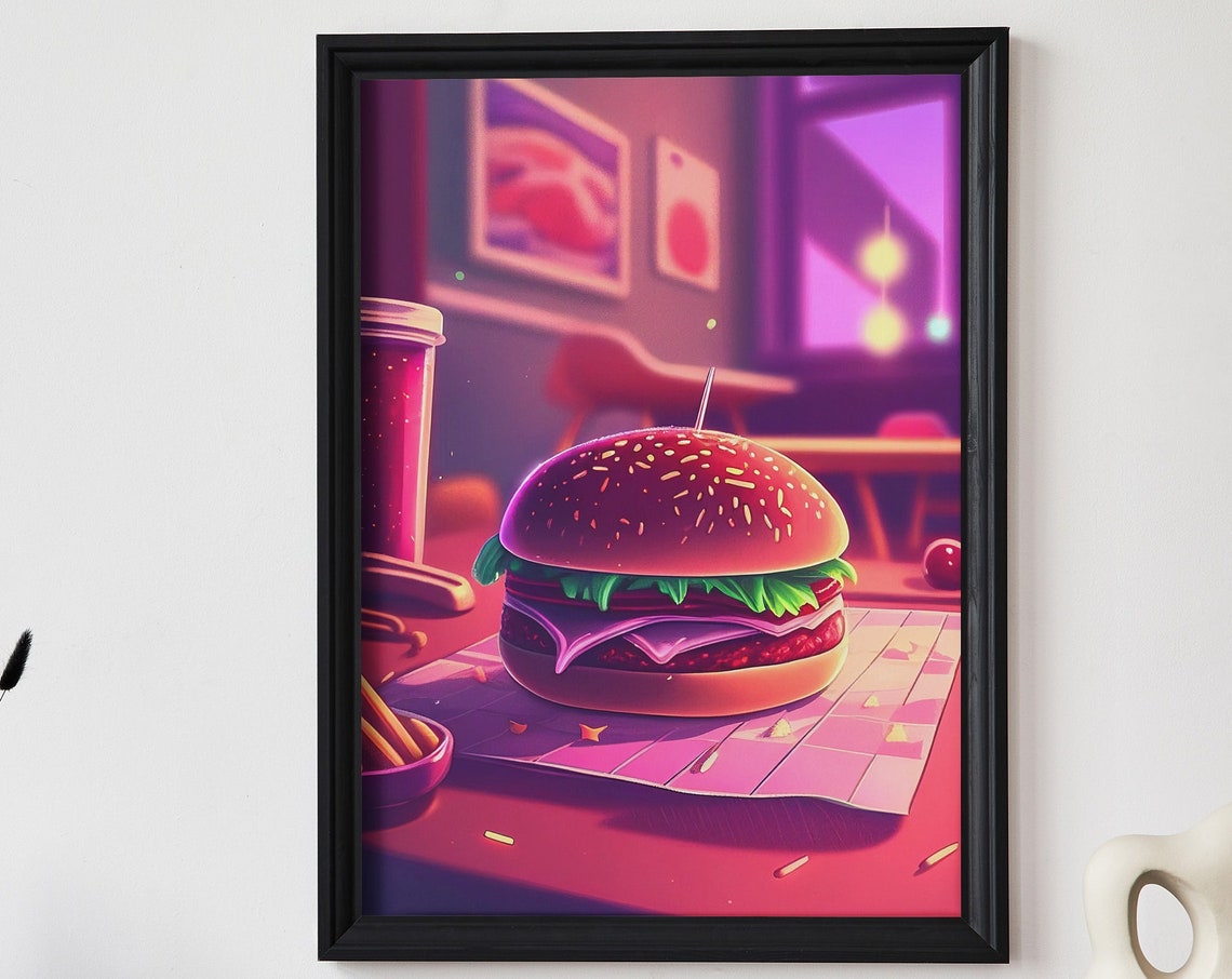Neon Lit Diner Cheeseburger Retro Fast Food Illustration Poster