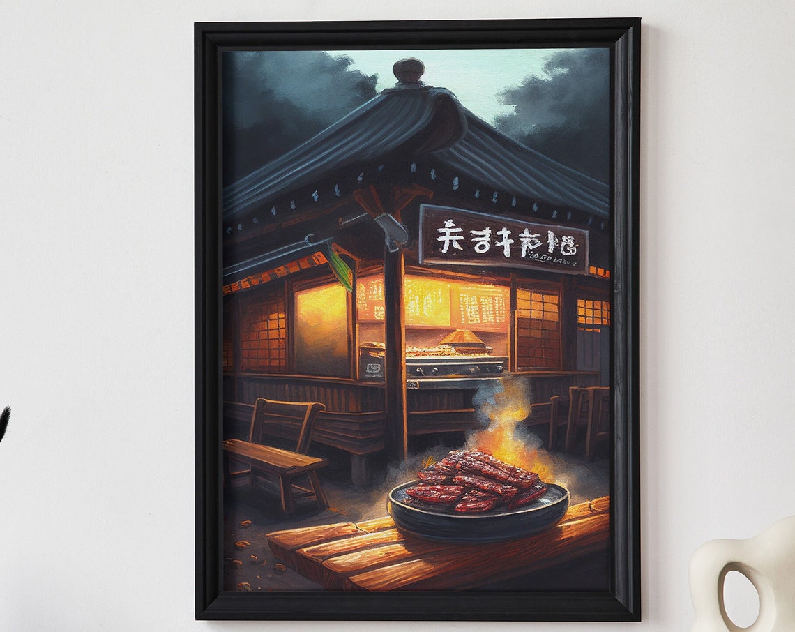 Korean BBQ Night Restaurant Flaming Grill Scene Artwork Poster