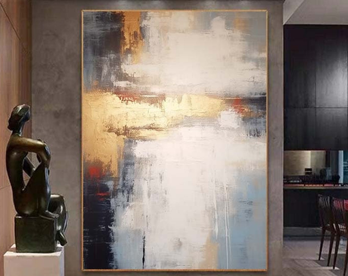 Gold White Slate Blue Textured Abstract Vertical Gallery Wall Poster