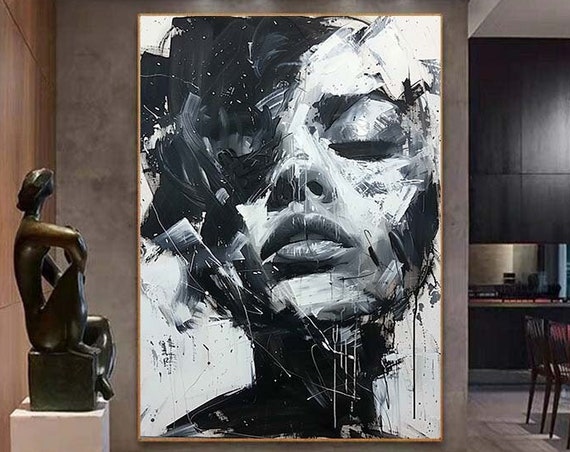 Black and White Woman Portrait Oil Painting Art Print