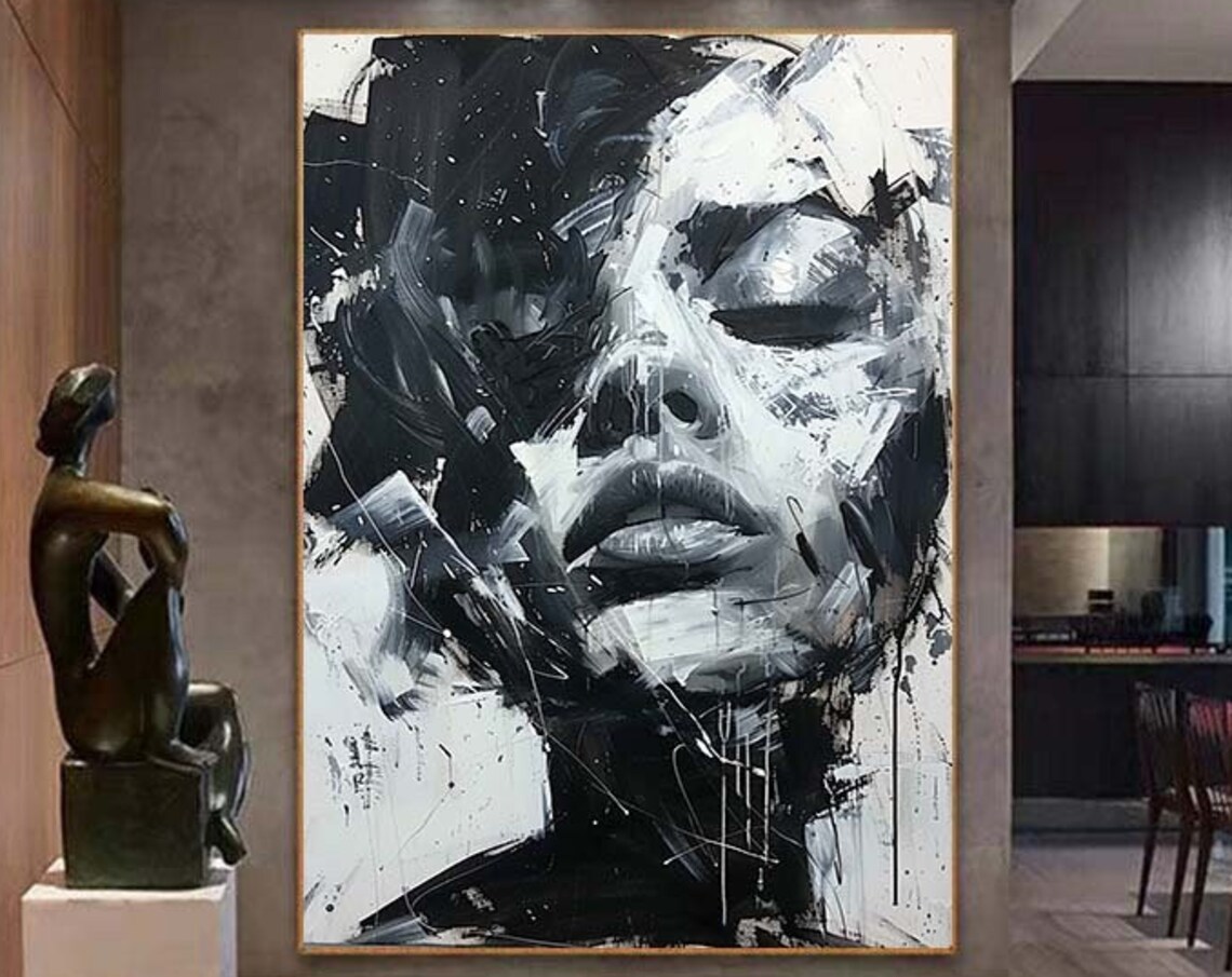 Black and White Woman Portrait Oil Painting Art Print