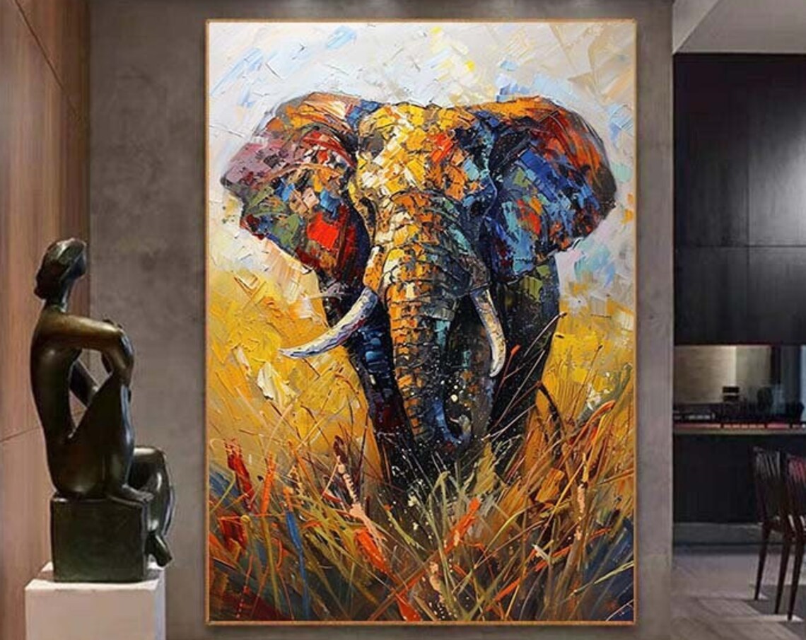 Colorful Elephant Head Golden Savanna Mosaic Portrait Poster