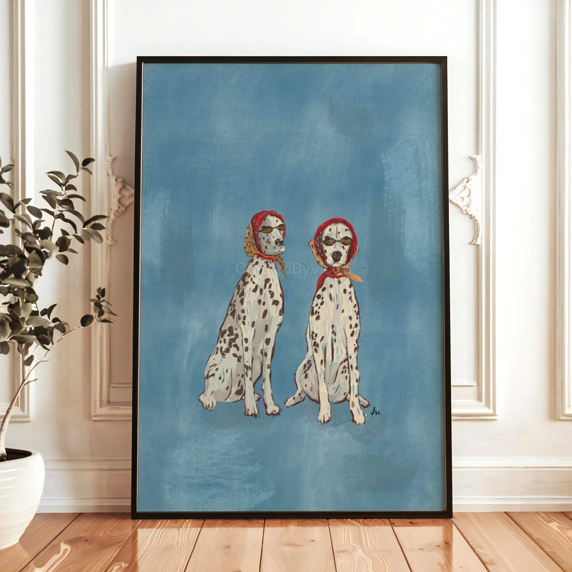 Dalmatian Dog Art Print Whimsical Wall Vintage Style Pet Decor Blue Polka Dot